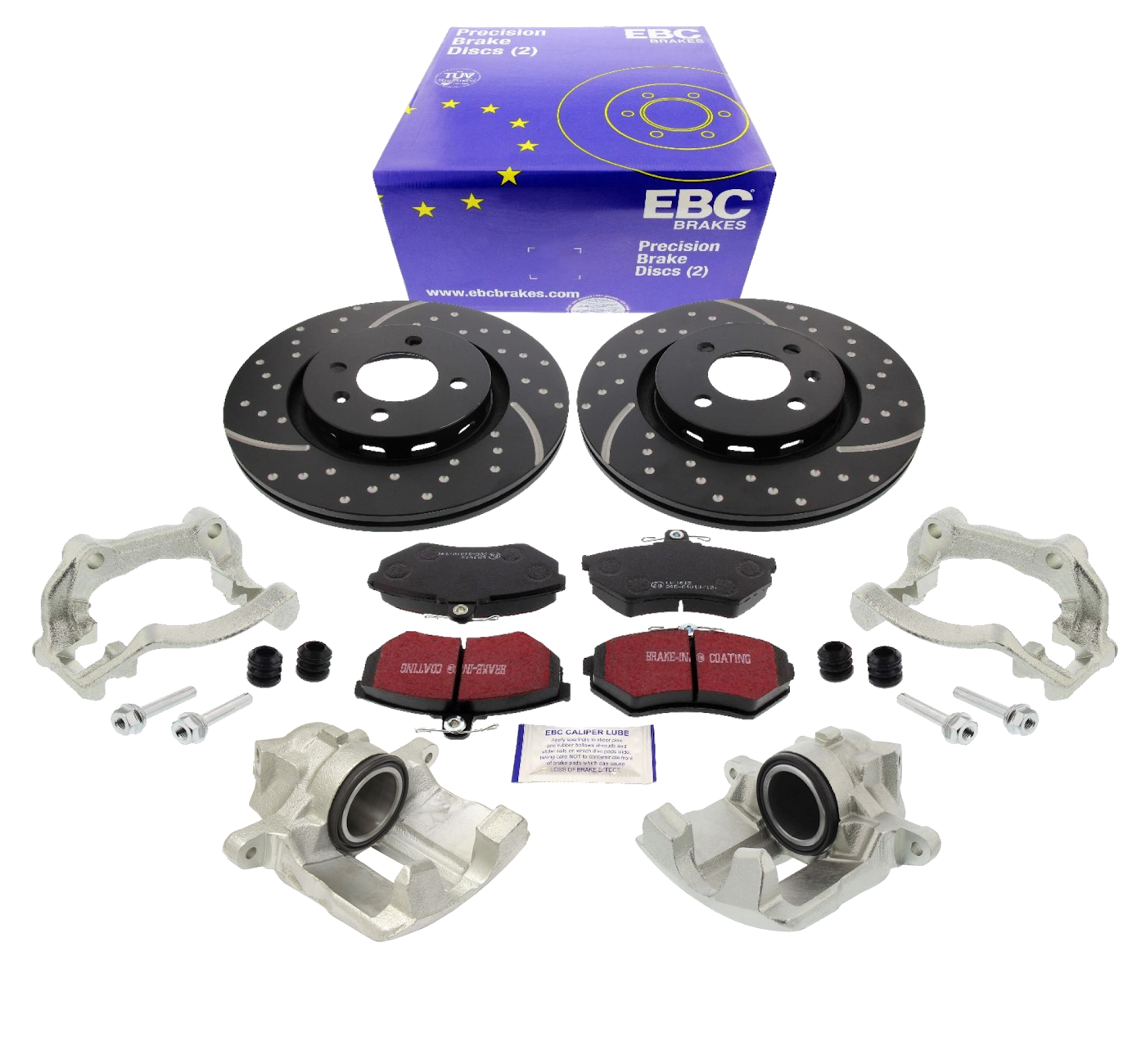 EBC-Bremsensatz, Turbo Groove Disc Black + Bremsbeläge, Blackstuff, VA, VW Golf 2/3, Corrado, G60-Bremse, 280 mm, inkl. Sättel + Halter